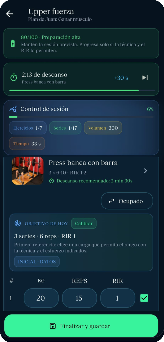 Sesión real en Simbiosis Training: control de sesión, temporizador de descanso y registro de series con RIR