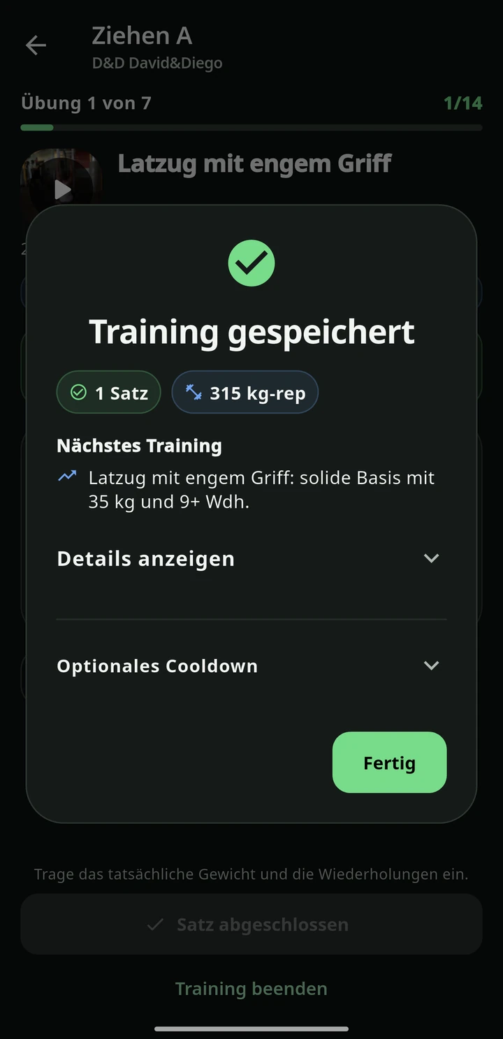 Simbiosis Training — Beenden und Fortschritt ansehen