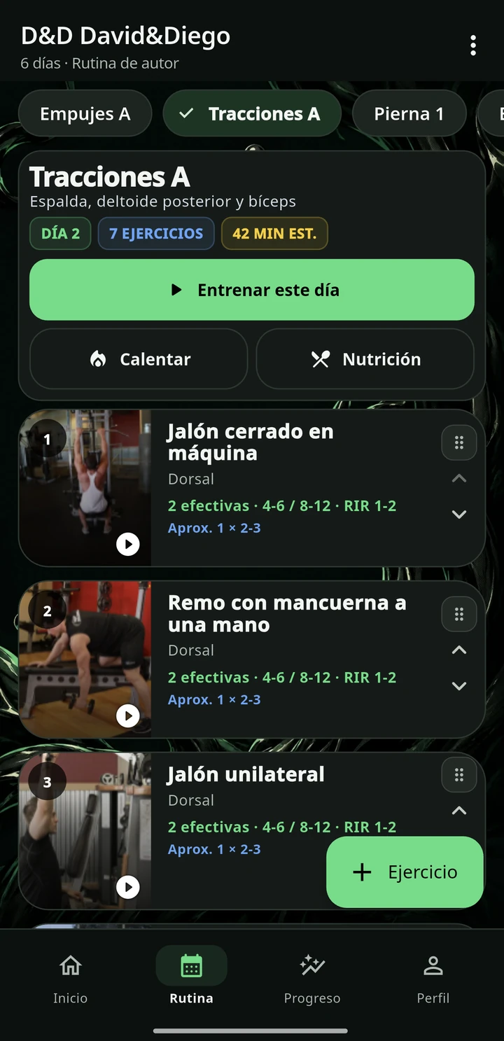 Rutina con días y ejercicios