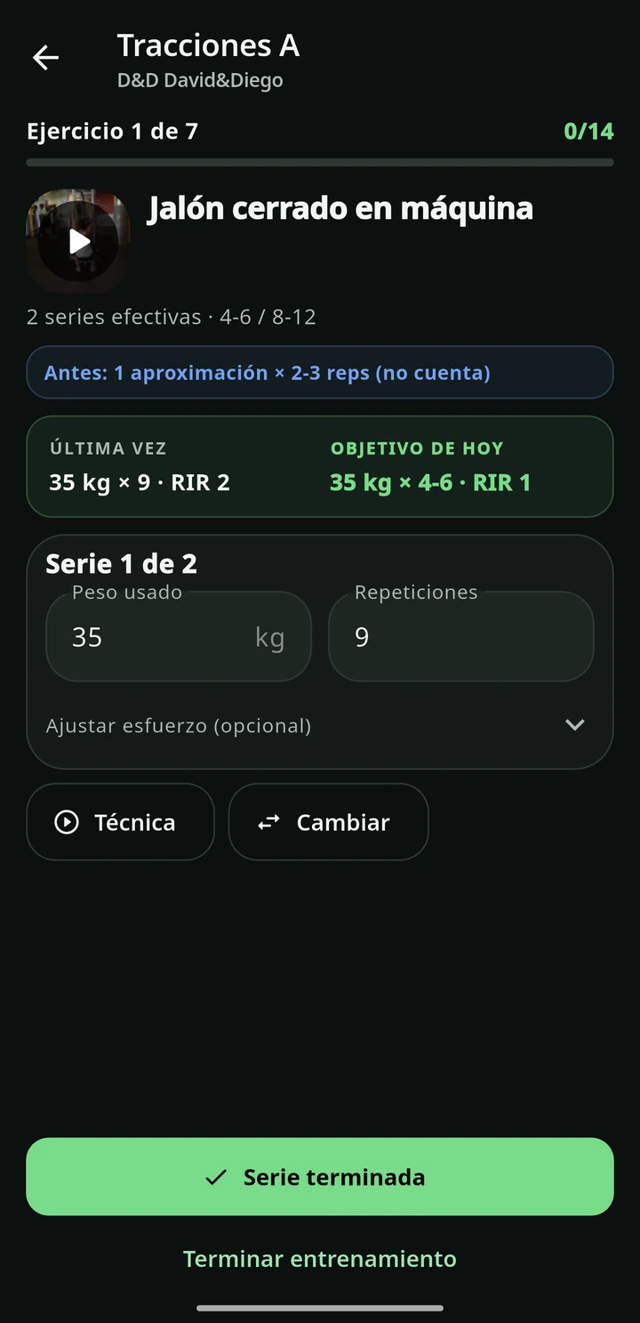 Sesión activa para registrar peso y repeticiones