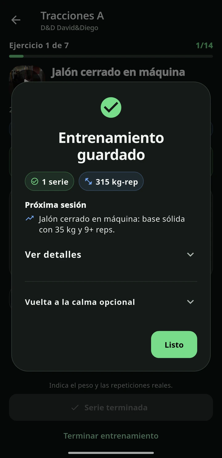 Resumen del entrenamiento guardado