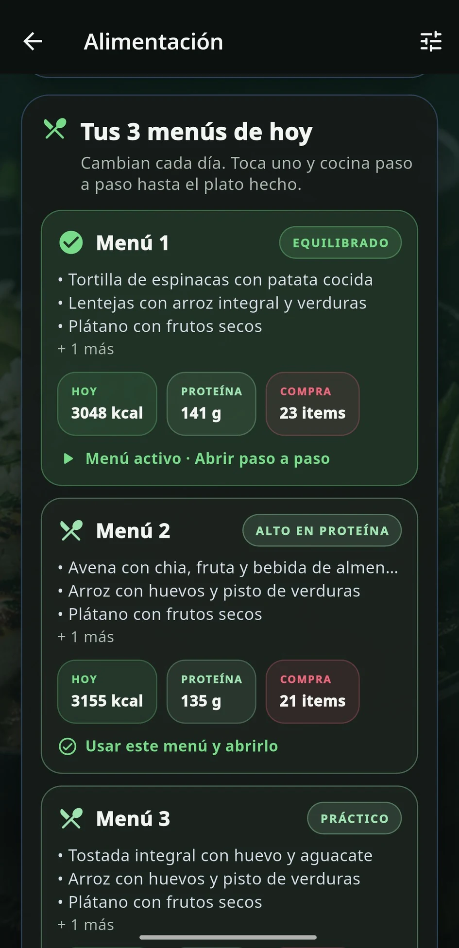 Opciones de menú con calorías, proteína y compra