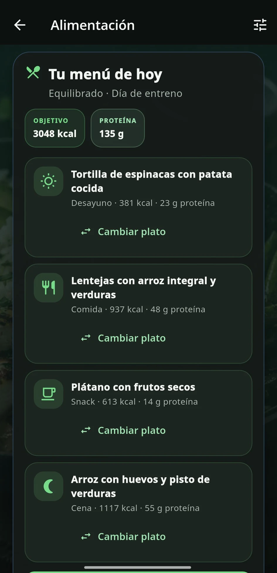 Menú diario con comidas y cambios de plato