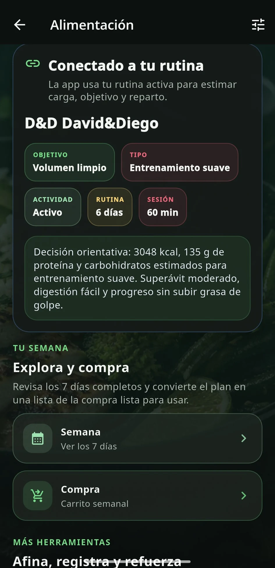Plan conectado con la rutina, semana y carrito de la compra